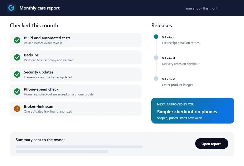Illustration: a monthly maintenance report with checks, releases and the next improvement