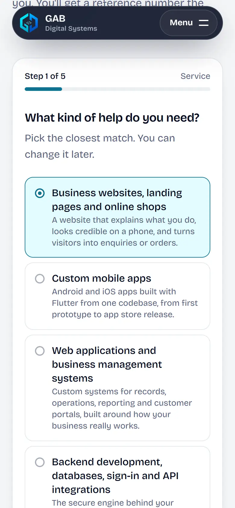 Screen from the GAB Digital Systems enquiry flow on a phone, filled in with sample entries